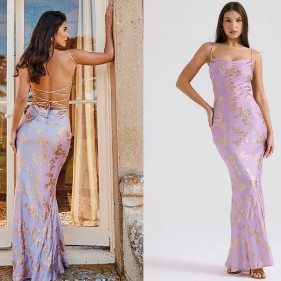 HOUSE OF CB 'Capriana' Orchid Jacquard Satin Gown NWOT - Picture 3 of 10